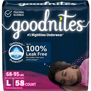Goodnites Girls' Nighttime Bedwetting Underwear, Size Large (68-95 lbs), 58 Ct (2 Packs of 29)