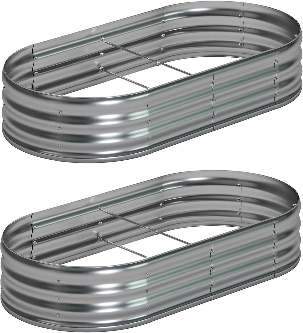 Foxlang 8x4x1ft(2 Pack) Galvanized Oval Raised Garden Bed,Outdoor Planter Box Metal Patio Kit Planting Bed for Vegetables Flowers Herb,Silver