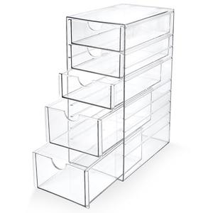 Prsildan Acrylic Drawer Makeup Organizer with 5 Drawers, Hair Accessories Organizer, Office Desk Organization, Clear Stackable Storage Drawers for Vanity, Countertop, Craft, Jewelry