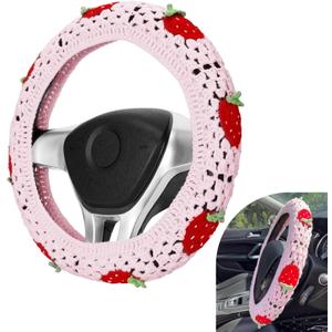 Hand Crochet Car Steering Wheel Cover, Cute Boho Strawberry Car Steering Wheel Cover Decor, 14-15 inch Warm & Non-slip Steer wheels Protection Wrap, Universal for Men Women (Pink)