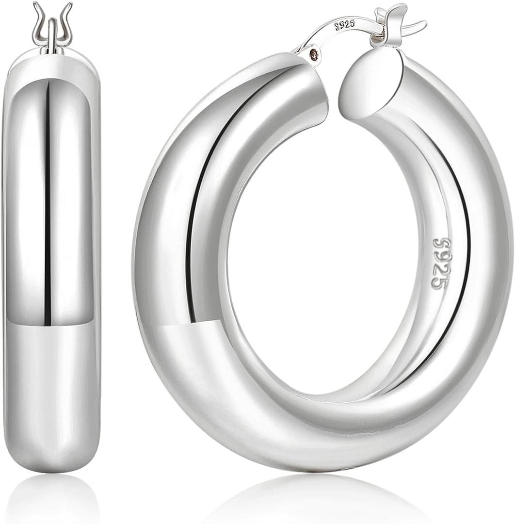 YOUNGYUE 8mm Chunky Gold Hoop Earrings Hypoallergenic 925 Sterling Silver Hollow Tube Hoop Earring Lightweight 14K Real GoldPlated Thick Gold Hoops Earring for Women 30/40/50mm