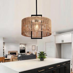 1-Light Boho Light Fixture 12.60" Rattan Pendant Light for Kitchen Island Hand Woven Rustic Dining Room Light Fixture Rattan Pendant Light Fixture