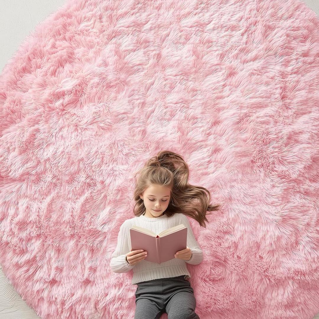OLANLY Pink Round Rugs for Bedroom - Machine Washable, 9 ft Circle Area Rugs for Living Room, Soft and Fluffy Shaggy Carpet for Teen Girls and Boys, Nursery Rooms, Dorms, Home Decor Aesthetic