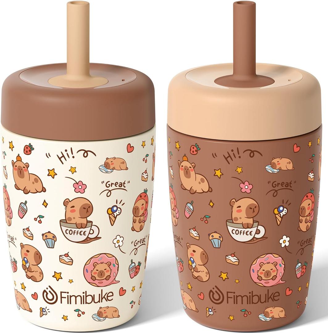 Fimibuke Kids & Toddler Cups Spill Proof, 12 OZ Capybara Insulated Sippy Cups for Toddlers Boys Girls, Toddler Straw Tumbler, Stainless Steel Kids Water Bottle with Twist Lids & Silicone Straw, 2 Pack (Beige & Brown Capybara)