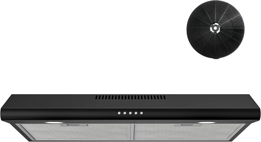 FIREGAS 30 Inch Black Under Cabinet Range Hood, Ducted/Ductless Convertible Kitchen Vent Hood with LED Light, 3-Speed Exhaust Fan, Push Button Control, Slim Stove Hood for Modern Kitchen