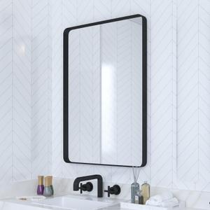 Black Metal Framed Bathroom Mirror for Wall, 22 x 30 Inch Rounded Rectangle Matte Black Bathroom Vanity Mirror Farmhouse, 1/4-inch Shatterproof Glass | Ultra-Flush Hanging