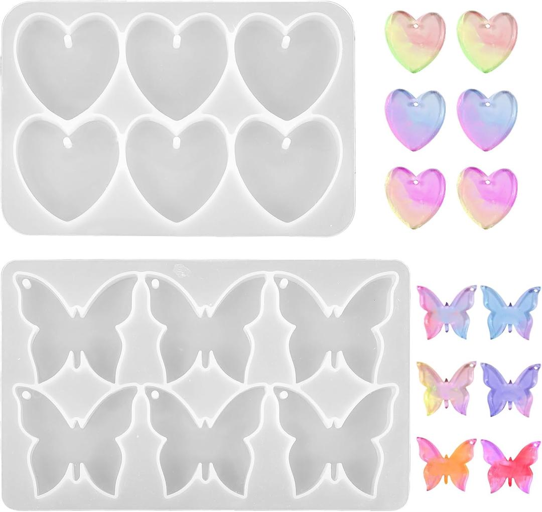Butterfly Molds Silicone, 2 Pack Fondant Molds 6 Grids Epoxy Resin Mold with Hole Keychain Pendant Mold Heart Shape for DIY Crafts Jewelry Making