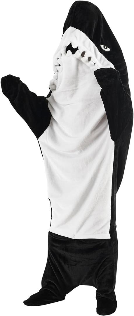 ZPECC Shark Blanket Onesie Hoodie - Wearable Shark Costume Pajamas with Fins, Cozy Flannel Animal Blanket for White Elephant Gift Movie Night Party (Black,L) (L (Fit for Height 4'7"-5'4"))