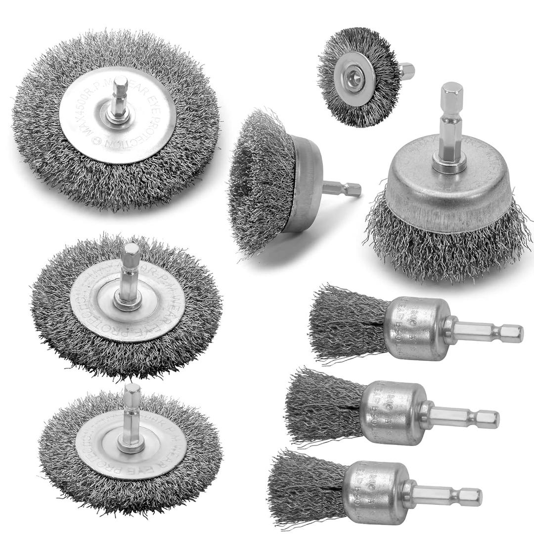 Wire Brush for Drill Set 9Pcs,Abrasive Wire Wheel for 1/4 Inch Hex Shank, Wire Cup Brush for Drill, Coarse Crimped Carbon Steel Wire Brush Set for Removing Paint and Rust