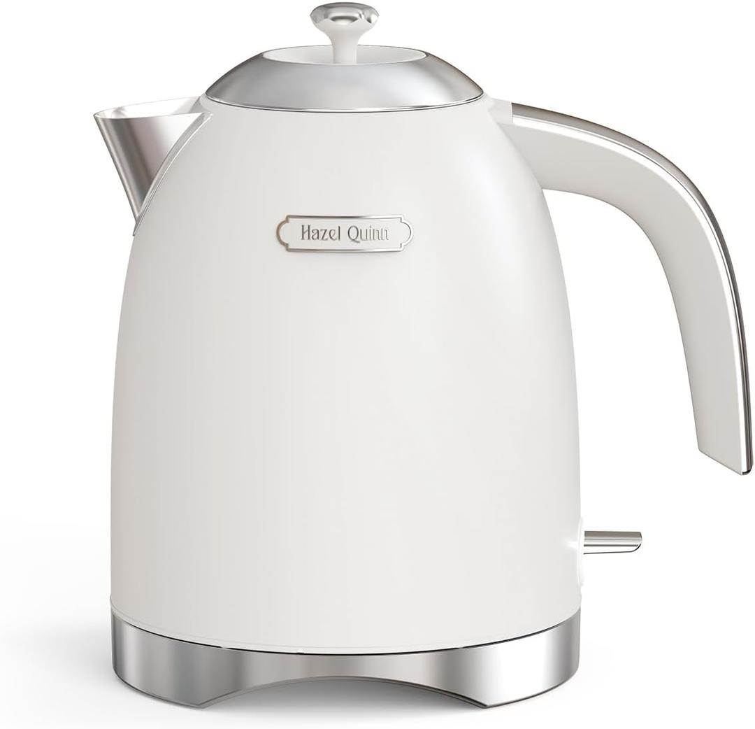 Hazel Quinn Electric Kettle - 1.7 Liters (57oz) Stainless Steel Water Kettle, BPA-Free Interior, 1200W Fast Boiling, Cordless, Rotational Base, Automatic Shut Off & One-Touch LED - Pearl White