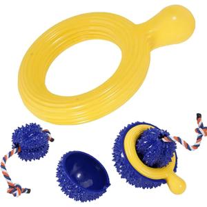 4 Pack Dog Chew Toy, Durable Flying Discs for Throwing Catching, 3-in-1 Dogs Toys, Indestructible Pet Chew Toy for Aggressive Chewer, Reduces Anxiety, Interactive Toys for Boredom Dog Teeth Cleaning (Blue)