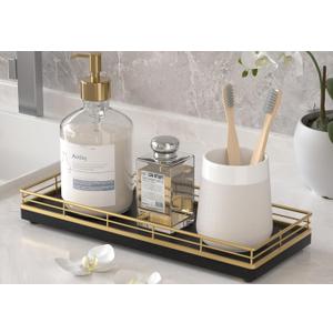 Wooden Decorative Tray, Oak 11.2" L Coffee Table Tray for Kitchen Countertop Soap Sponge Holder Candle Nightstand Table Centerpieces for Dining Room Decor Black Gold