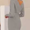 ZESICA Women's Fall Long Batwing Sleeve Wrap V Neck Knitted Backless Bodycon Pullover Sweater Dress with Belt,Grey,Large