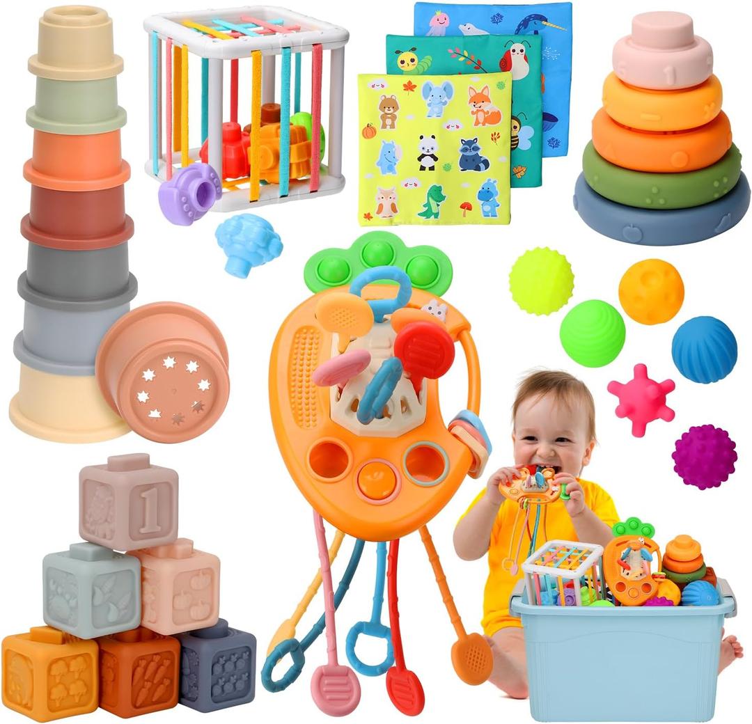 Baby Toys 6 to12 Months, 7 in-1 Montessori Toy for 6-9-12-18 Month Old with Pull String Toy, Sensory Bin Toys, Stacking Baby Blocks & Soft Infant Ring & Sensory Ball, Stacking Cups for Toddler 1-3Gift