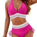 Blooming Jelly Women High Waisted Bikini Sets Tummy Control Swimsuits Color Block Two Piece Drawstring Bathing Suit(Size M)