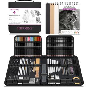 HIFORNY 126 PCS Drawing Kit Sketching Pencil Set,Sketch Pencils Art Supplies with 3-Color Sketchbook,Graphite,Charcoal,Blending Tools,Drawing Pencils for Adults Artists in Zipper Case