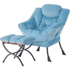 Tiita Lazy Chair with Ottoman, Blue Chiars Modern Large Accent Armchair, Comfy Leisure Sofa Reading Chair with Footrest for Bedroom, Living Room, Dorm Rooms, Garden, Velvet Light Blue