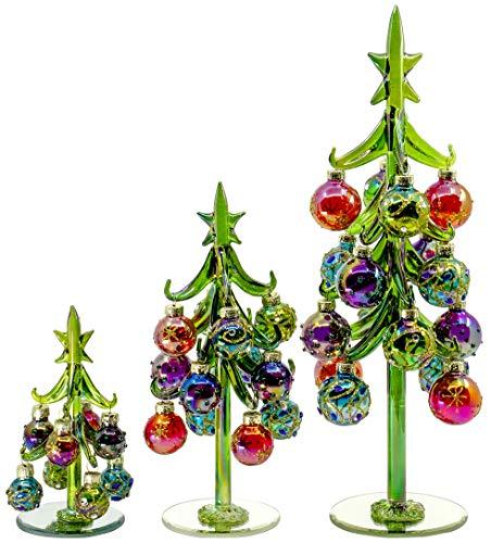 Red Co. 12", 8", and 5" Glass Christmas Tree Tabletop Display Decoration with Colorful Ball Ornaments, Holiday Season Decor, Set of 3 Sizes, One broken
