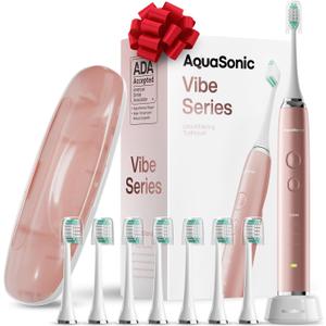 Aquasonic Vibe Series Ultra-Whitening Toothbrush  ADA Accepted Electric Toothbrush - 8 Brush Heads & Travel Case  40,000 VPM Motor & Wireless Charging - 4 Modes w Smart Timer  Satin Rose Gold