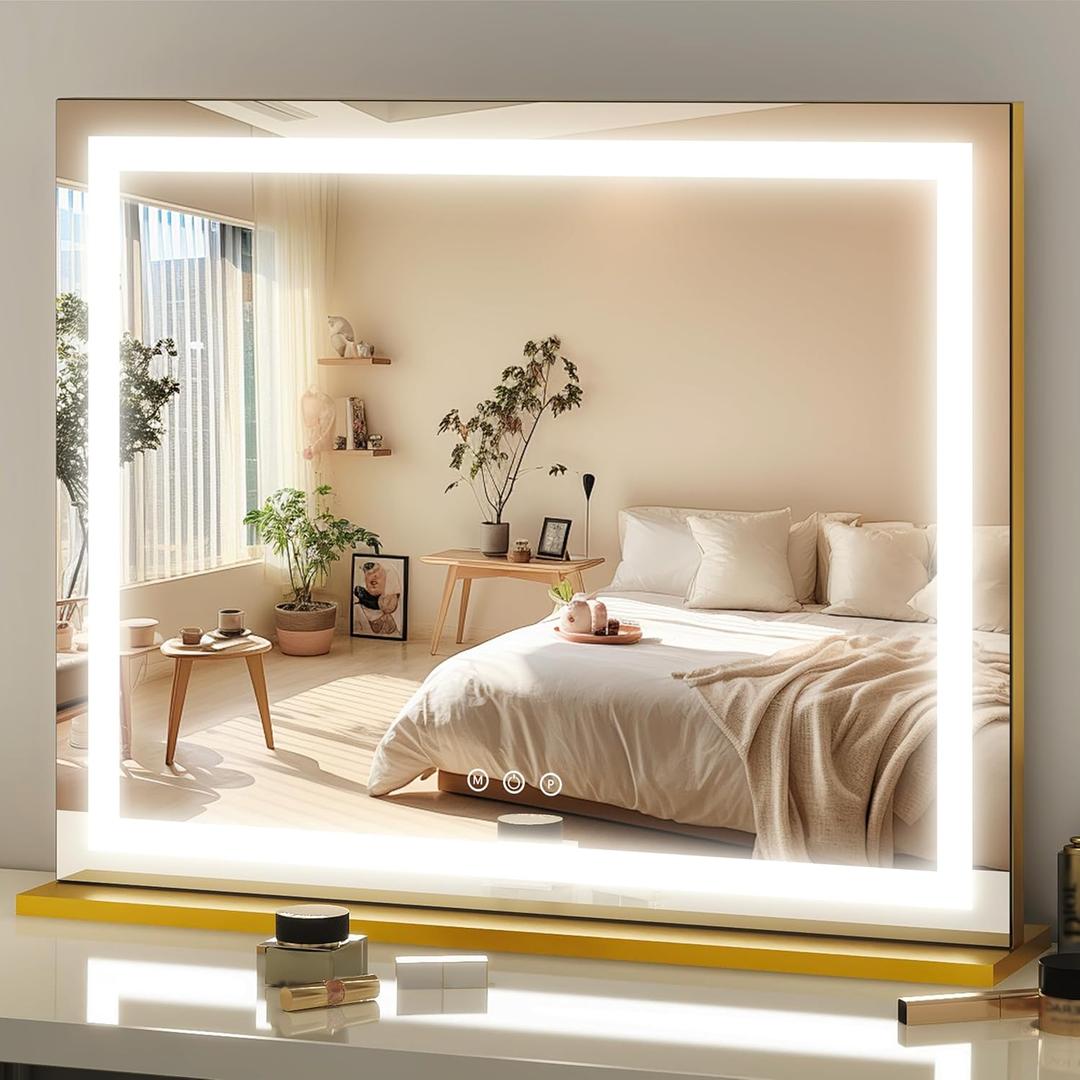FENNIO 23" x 18" Vanity Mirror with LightsLED Makeup MirrorHollywood Mirror with 3 Color Modes & Adjustable BrightnessVanity Mirror Square Gold FENNIO 23" x 18" Vanity Mirror with LightsLED Makeup MirrorHollywood Mirror with 3 Color Modes & Adjustable BrightnessVanity Mirror Square Gold