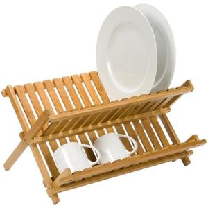 Bamboo Dish Drying Rack for Kitchen Counter, 2-Tier Collapsible Foldable Dish Drainer, Space-Saving Wooden Organizer for Dishes, Plates, Cups, Housewarming Gift
