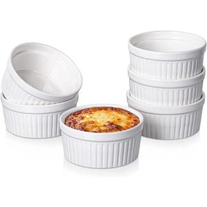 DELLING Ramekins 12 Oz Oven Safe Set of 6, Porcelain Souffle Dish for Baking - Creme Brulee Bowls for French Onion Soup Lava Cake Pudding, Stackable, White
