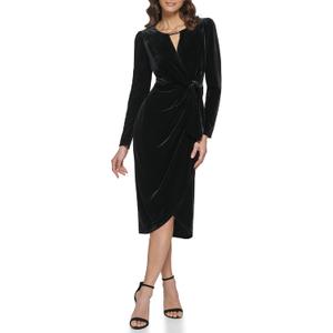 kensie Women's Long Sleeve Velvet Faux Wrap Midi Dress (4, Black)