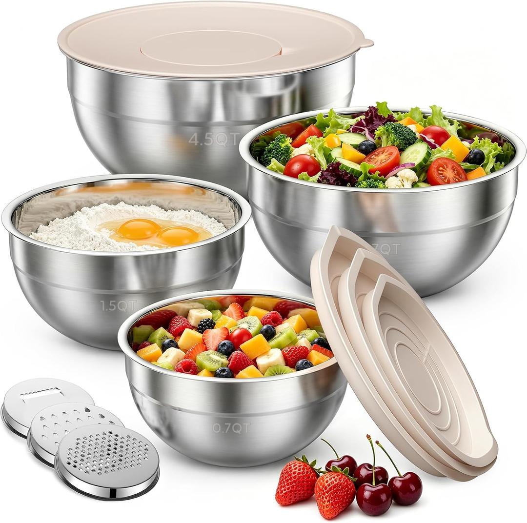 Stainless Steel Mixing Bowls with Lids Set, 4 Pack Cooking Bowls | Nesting Mixing Bowls with 3 Grater Attachments, Kitchen Airtight Metal Bowls, Size 4.5, 2.7, 1.5, 0.7QT for Mixing, Baking