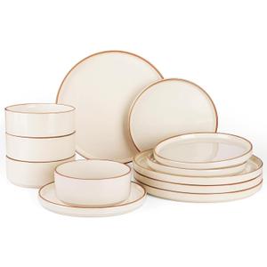 Famiware Nebula Plates and Bowls Sets for 4, 12 Pieces Stoneware Dinnerware Set, Microwave and Dishwasher Safe Dishes Set, Vanilla White with Brown Rim