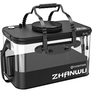 Fishing Bucket Foldable, 6Gallon/10Gallon Live Bait Bucket,Thickened EVA Transparent Lid Live Fish Container with Aeration Hole, Live Bait Bucket for Camping, Fishing Day(Black)