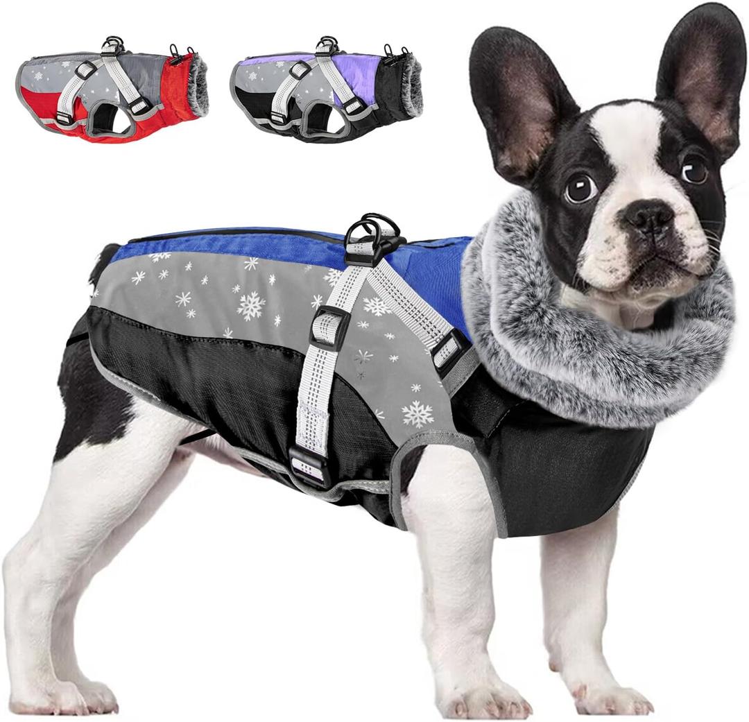 SlowTon Dog Jacket with Harness Built In - Waterproof Fleece Winter Warm Dog Coats for Small Medium Dogs, Reflective Adjustable Furry Puppy Vest Clothes for Outdoor Walking (Blue, M) (Chest 18.0"-21.0")
