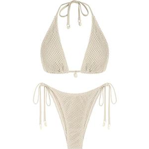 ZAFUL Women's Triangle Bikini Multiway Fishnet Tie Side Bandeau Halter String Bikini Set Two Piece Swimsuit Bathing Suits (S)