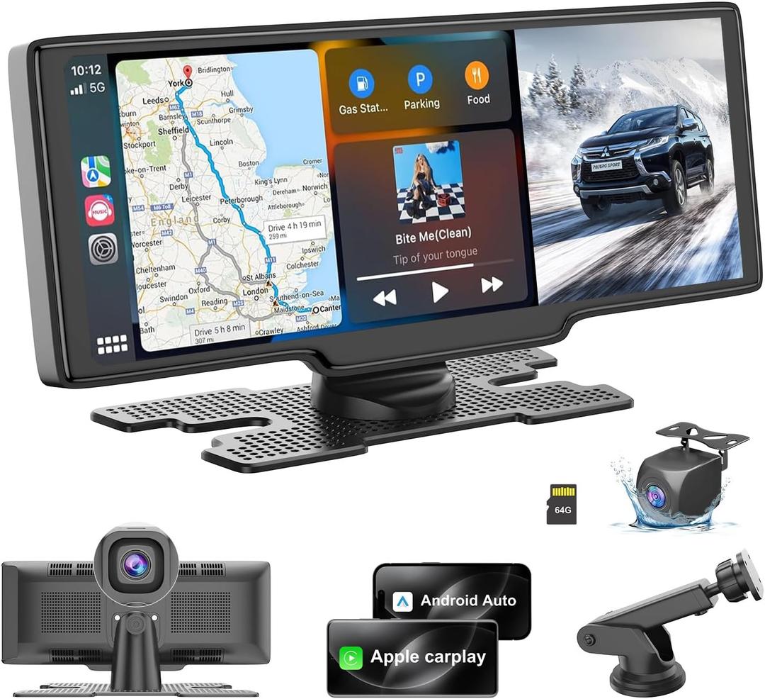 HK1 Portable Carplay Screen 10.26'' HD IPS Apple Carplay & Android Auto Screen for Car, with 4K Dash Cam/1080P Rear Camera, Wireless Car Play Stereo, Car Audio,GPS Navigation,Mirror Link,FM,Siri