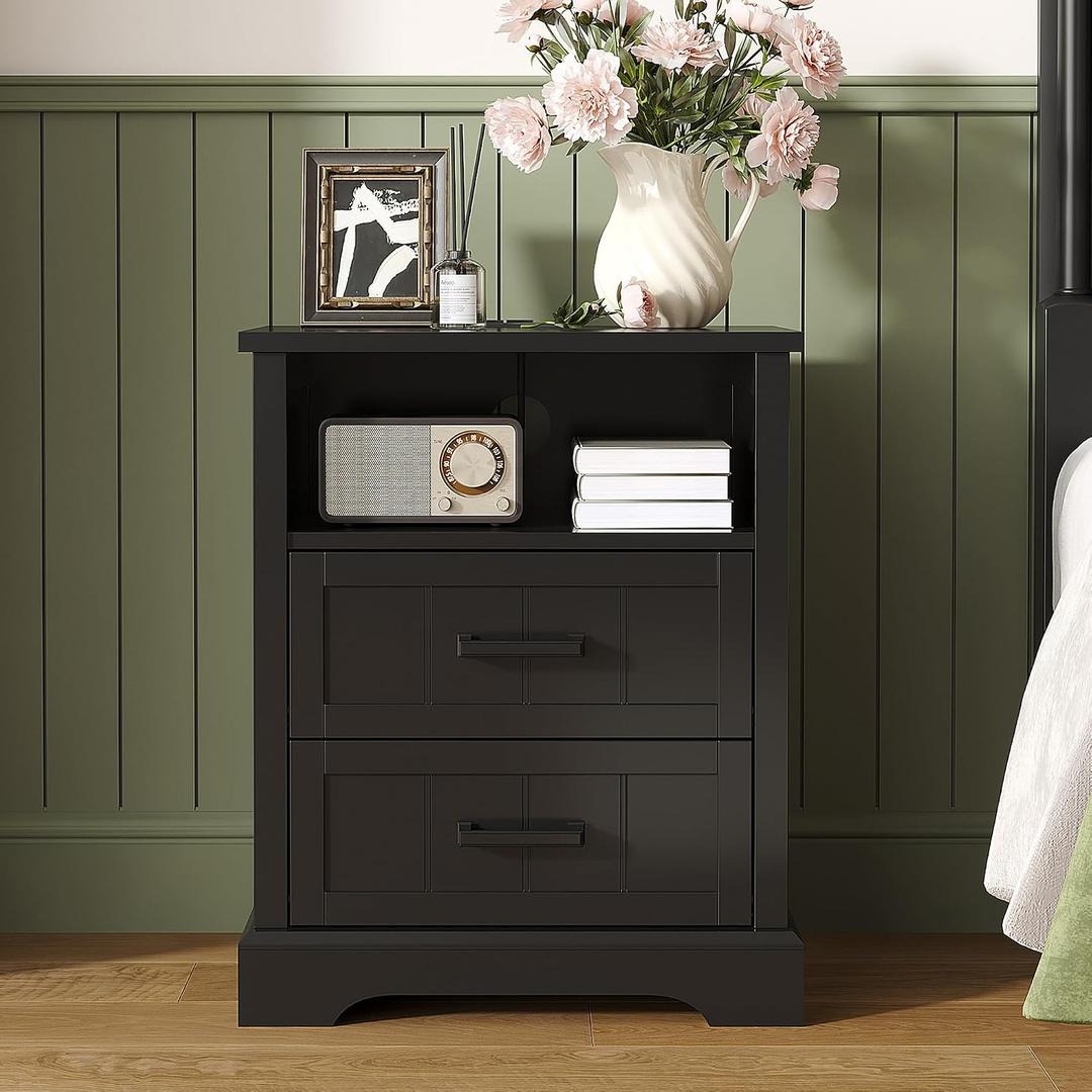ChooChoo Farmhouse Night Stands with Charging Station, Wood Nightstand with 2 Drawers, Bedside Table with Open Storage Shelf for Bedroom, Black, 19.7 inches x 15.7 inches x 23.6 inches