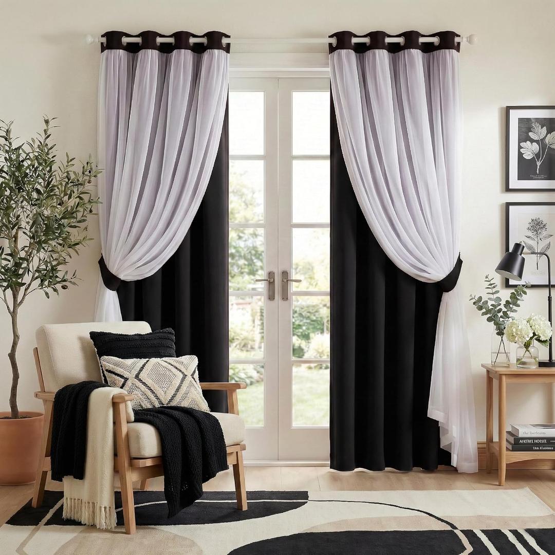 PONY DANCE Black Curtains for Bedroom - Decorative Window Curtains Double Layered Blackout Drapery White Crushed Sheers Panels Set for Living Room, 52 W x 84 L, Set of 2