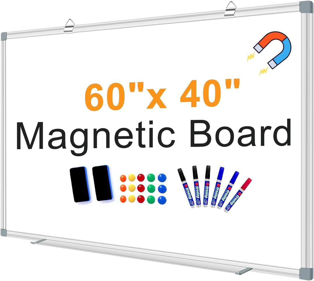 Large Magnetic Dry Erase Whiteboard, 60"X40" White Board for Wall with Long Pen Tray, Dry Erase White Board for Home Office Classroom