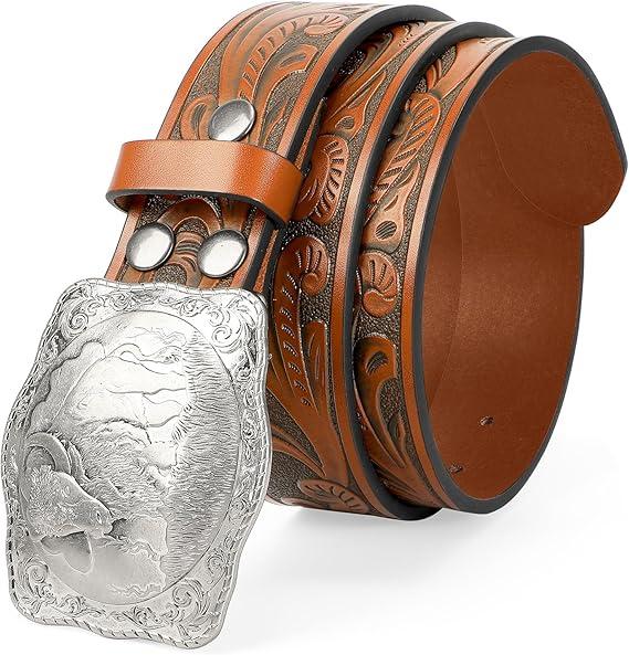 SUOSDEY Western Genuine Leather Belt with Silver Bull Embossed Buckle for Men,Cowboy Engraved Belts for Jeans,1.5" Width, 46 Inches