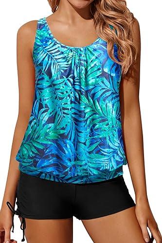 Yonique Blouson Tankini Swimsuits for Women 2 Piece Bathing Suits Tops with Boyshorts Modest Loose Fit Swimwear L
