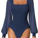 Avidlove Women Puff Long Sleeve Bodysuit Mesh Square Neck Thong Sexy Body Suits Double Lined Leotards L