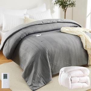 GarveeHome King Heated Comforter Electric Blanket, 104"x90" Waffle Weave Heating Blanket with Wireless LCD Controller, 6 Heat Levels & 2-10H Time Settings, UL Certified, Grey
