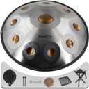 Handpan Drum, 22-Inch 10-Notes 440Hz D Minor Kurd, Handpan Instrument with Soft Bag, 2 Mallets, Stand and Dust-Free Cloth (GoldEye)