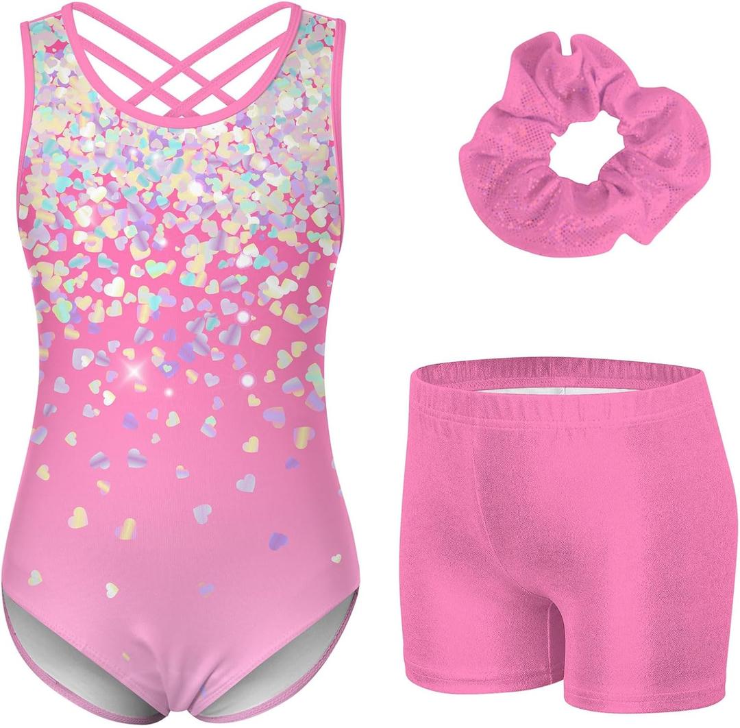 Idgreatim 5-10 Years Gymnastics Leotards for Girls Shiny tumbling outfits with Shorts Unitards Biketards (6-7 Years, Heart Sequin)