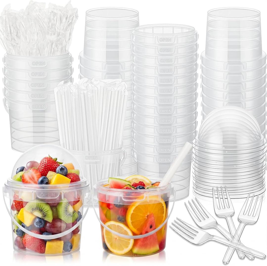 50 Pcs Bucket Cups Bulk Reusable Plastic Drink Buckets with Lids Dome Forks and Straws 24 oz Ice Cream Freezer Food Storage Containers for Popcorn Pail Outdoor Travel Beverage Party Picnic