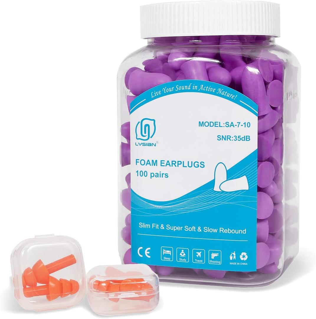 LYSIAN Slim Size Foam Ear Plugs for Small Ear Canals Women, Kids, 100 Pairs, 35dB SNR Noise Canceling Earplugs for Sleeping, Work and Study (Purple)