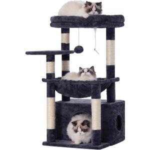 Heybly Cat Tree, Kitten Tower with Large Soft Cat Basket, Cat Condo with Spacious Cat Bed Cave with Hidden Space, Sisal-Covered Scratching Posts, Dangling Ball for Indoor Cats, Smoky Gray HCT008SG (32 inch)