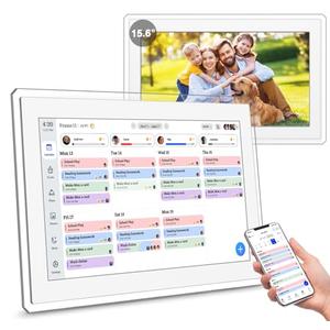 Digital Calendar Wall Touch Screen, 15.6 Inch Smart Wall-Mounted HD Electronic Family Calendar & Chore Chart with Meal Planner, Built-in Digital Photo Frame, Includes Desk Stand & Refills (White)