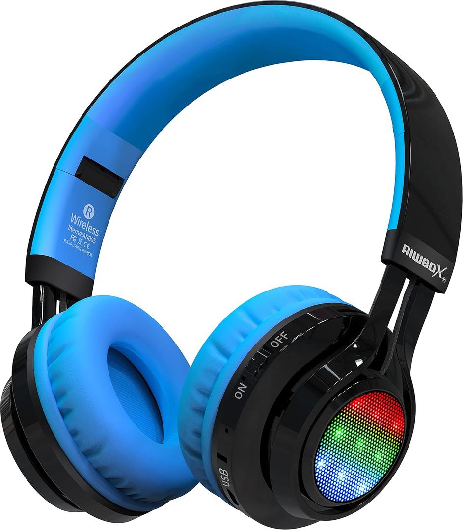 Riwbox Wireless Headphones for Kids, AB005 Kids Bluetooth Headphones V5.2 with Microphone Foldable Headset with TF Card FM Radio and LED Light Compatible for Phones PC TV (Black&Blue)
