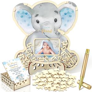 Wenqik 63 Pcs Baby Shower Guest Book Alternatives Set Baby Shower Decorations with Photo Frame Sonogram Frame Keepsake 60 Wood Slices Guest Book for Birthday(Elephant)