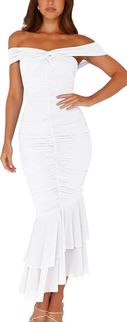 GOBLES Women's Sexy Off The Shoulder Slim Fitting Ruffle Buttom Ruched Bodycon Midi Party Dress (White, M)