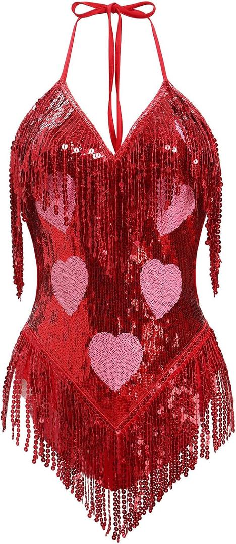 ABAFIP Women's Sequin Fringe Dance Bodysuit Halter V-Neck Sparkly Tassel Leotard Rave Festival Outfits (Medium, Red)